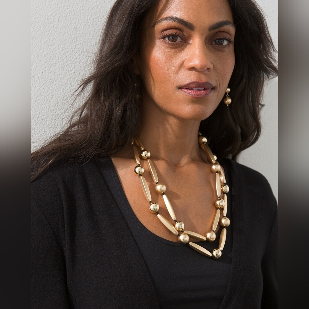 Chico's Bohemian Necklace Statement Scandi Two-Strand Matte Goldtone